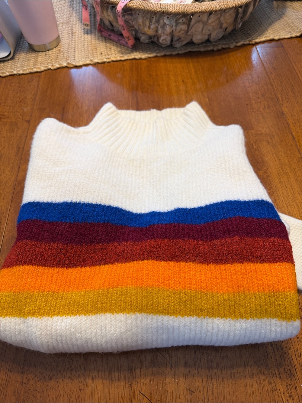 Express White Cowl Neck Sweater with Rainbow Stripes